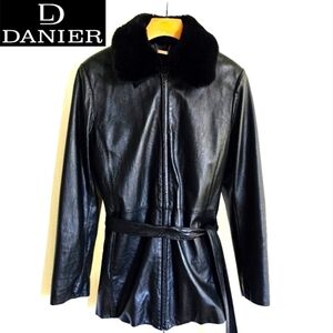 Danier Womens Leather Jacket with Faux Fur Collar Trim & Belt